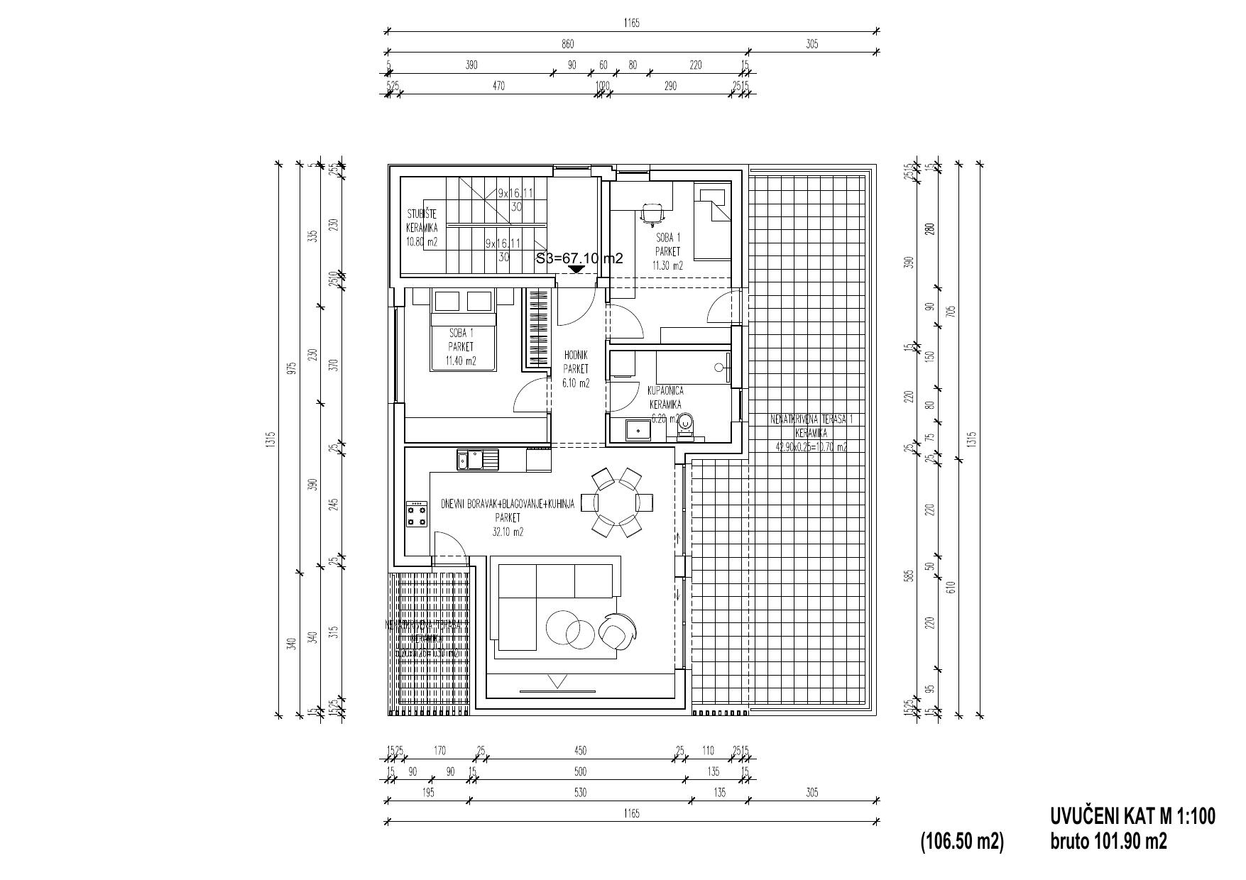 Tlocrt Penthouse (uvučeni kat) — samostojeća vila Samobor